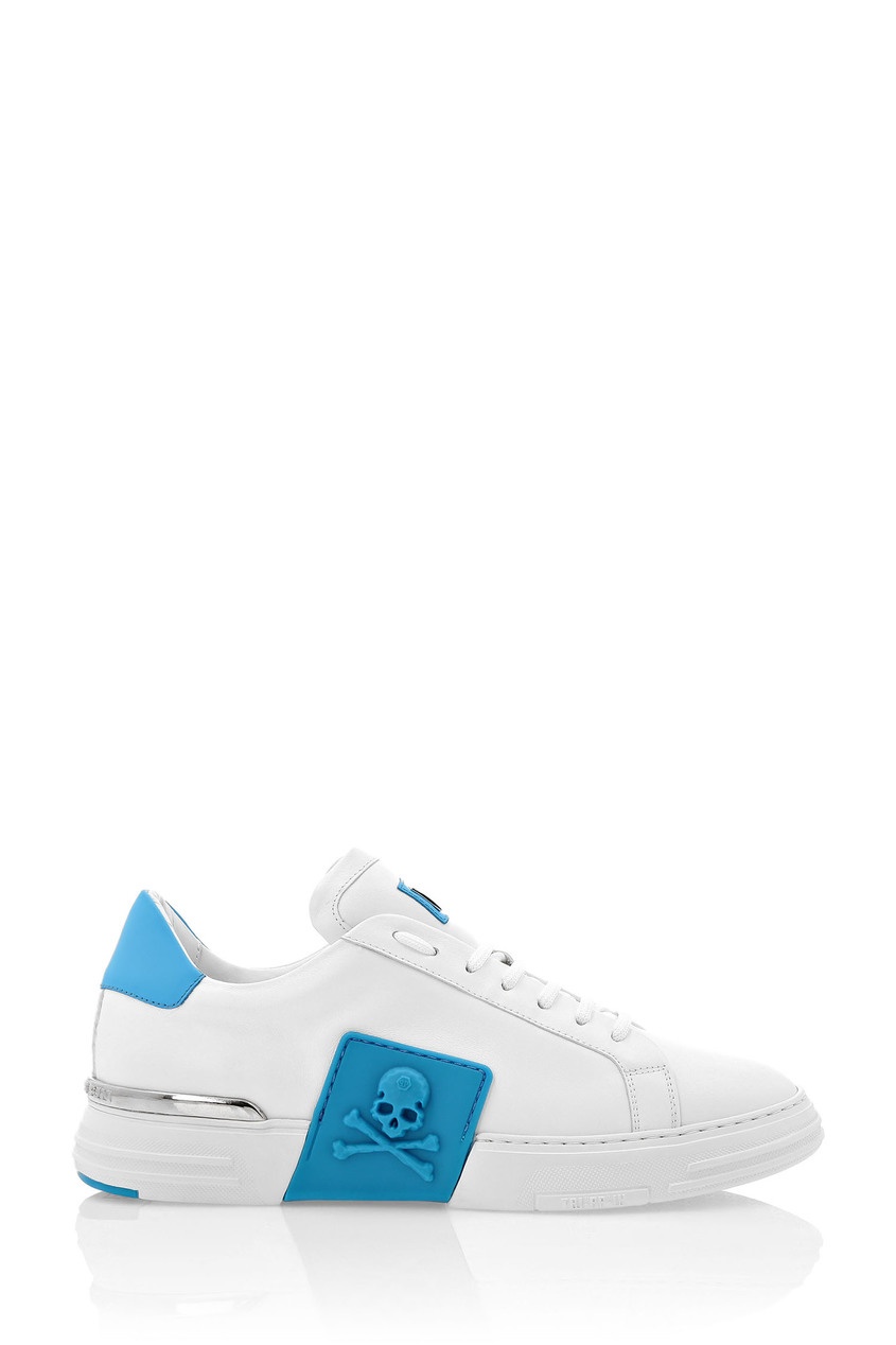фото Белые кожаные кроссовки с голубыми вставками philipp plein