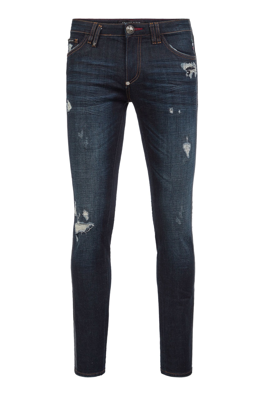 фото Синие узкие джинсы с потертостями philipp plein