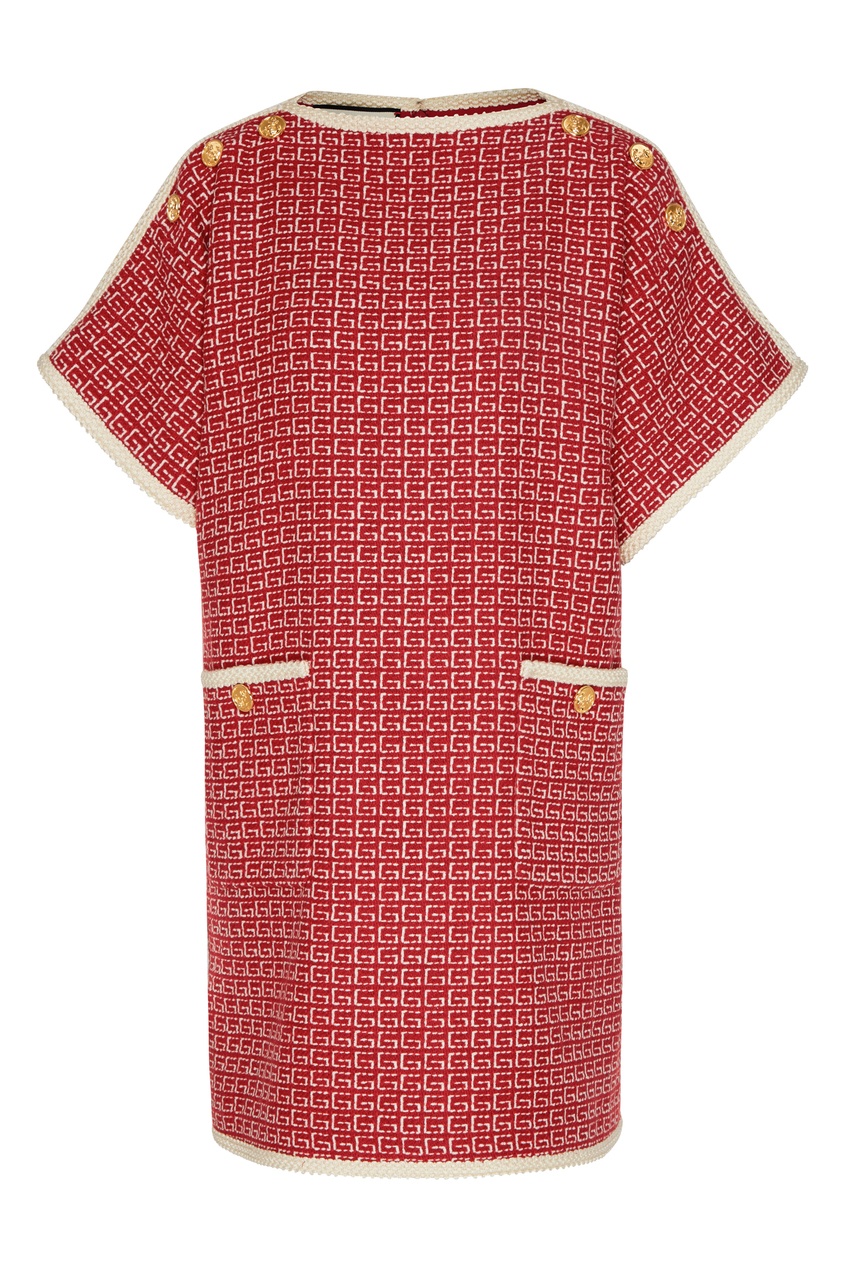 фото Бело-красное шерстяное платье мини с мотивом square g gucci