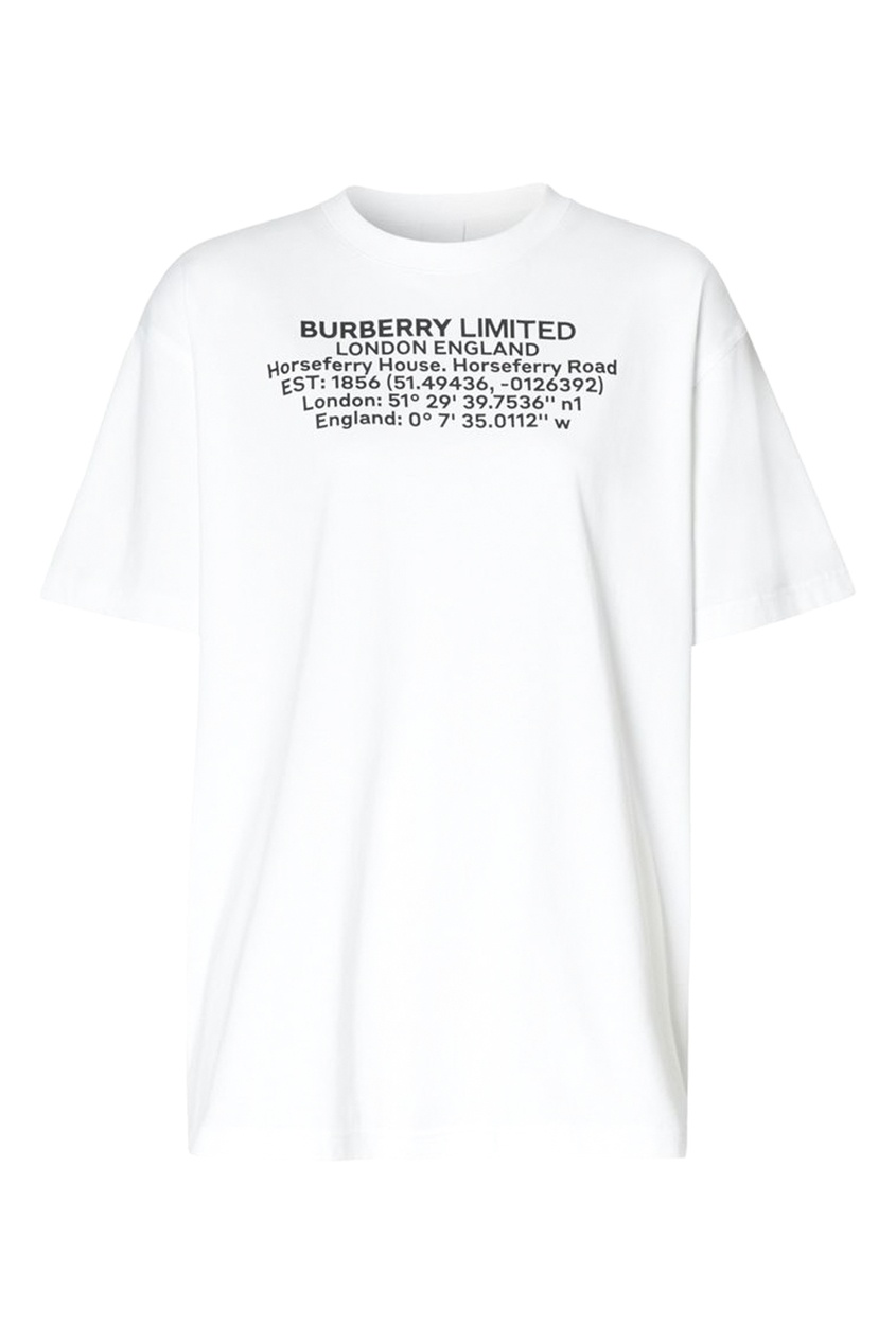 фото Белая футболка с принтом-геолокацией burberry sold