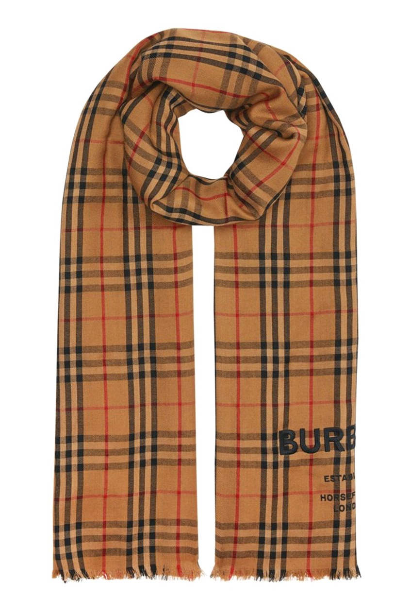 фото Коричневый шарф с вышитым логотипом burberry