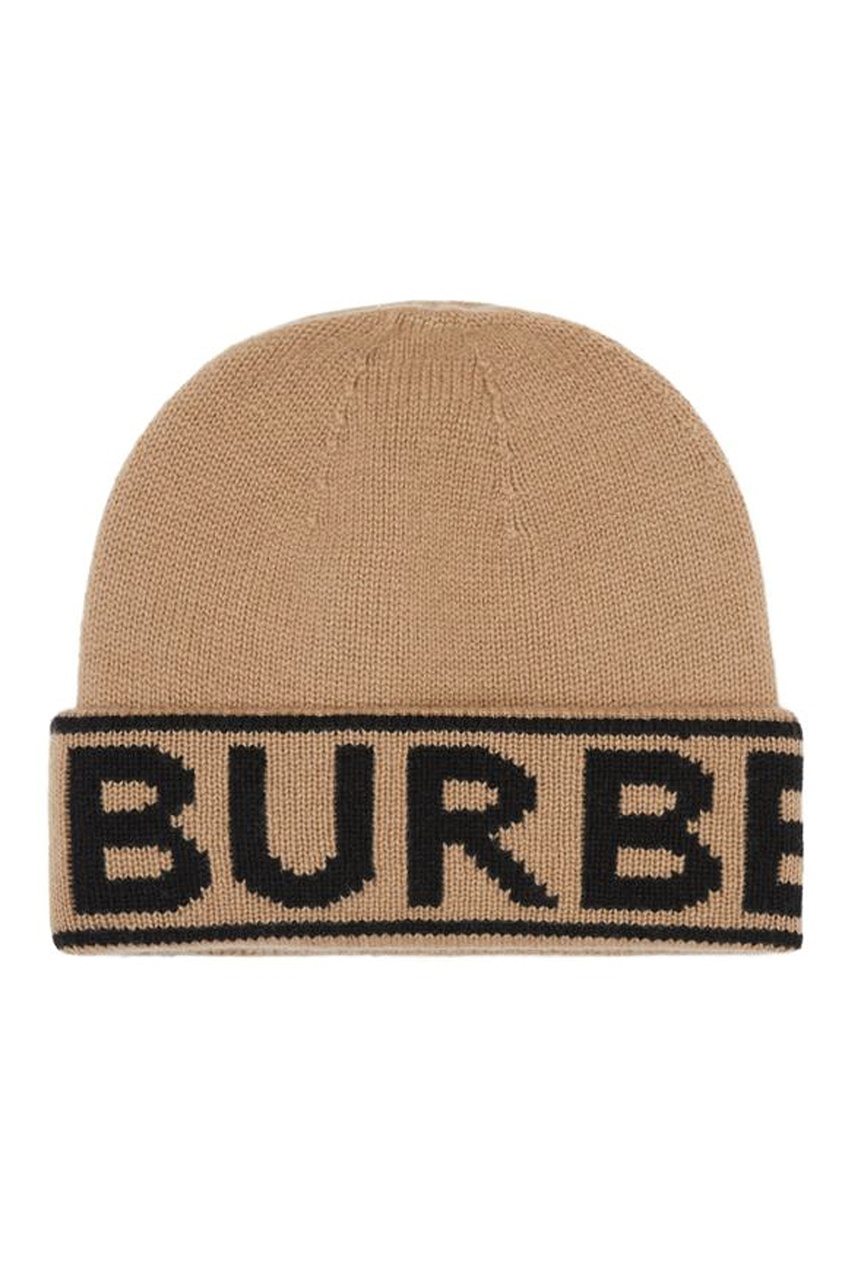 фото Бежевая шапка из кашемира надписью burberry