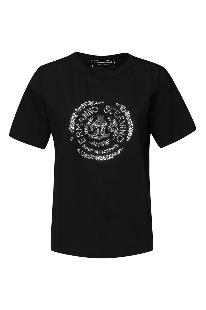 фото Черная футболка с вышивкой и кристаллами ermanno scervino