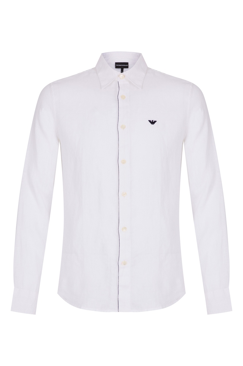 фото Белая льняная рубашка с черным логотипом emporio armani