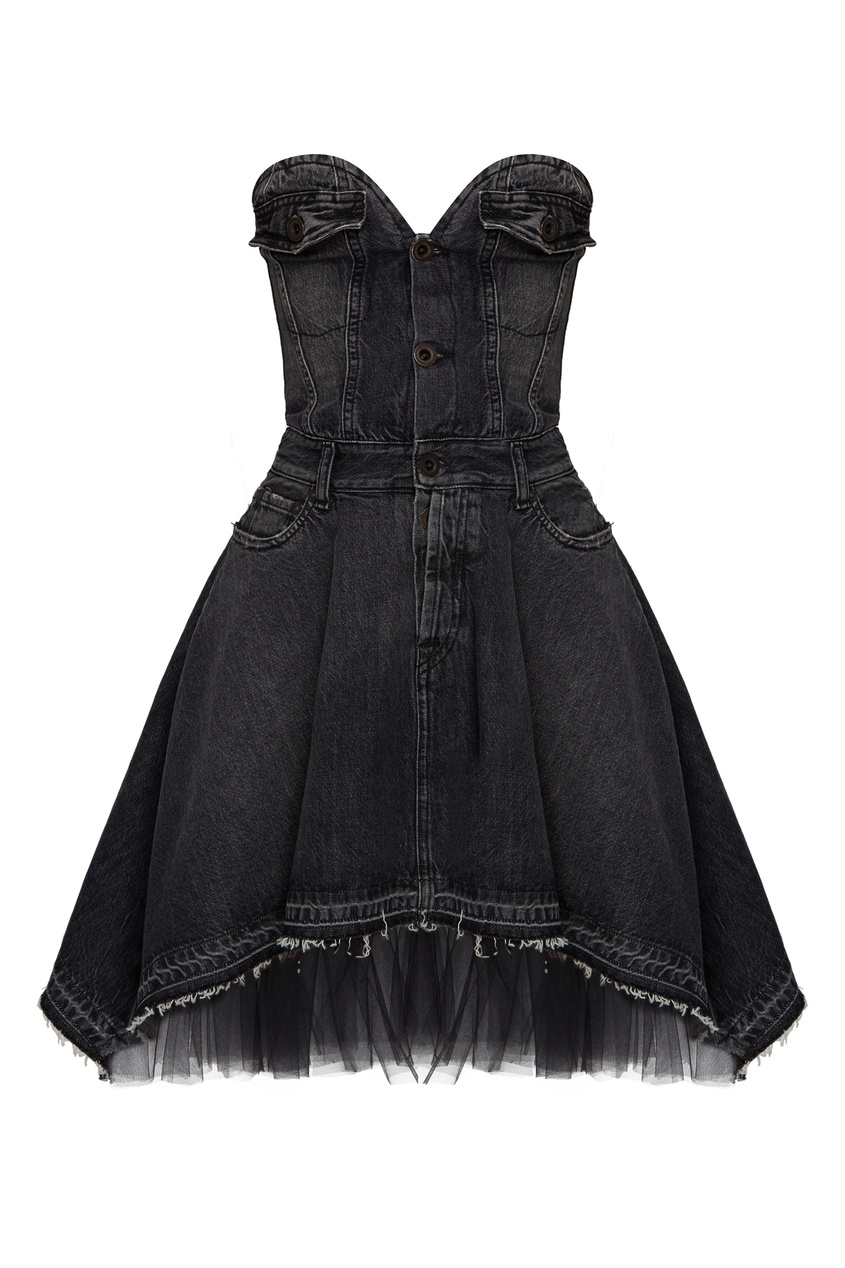 Черное джинсовое платье с фатиновой оборкой