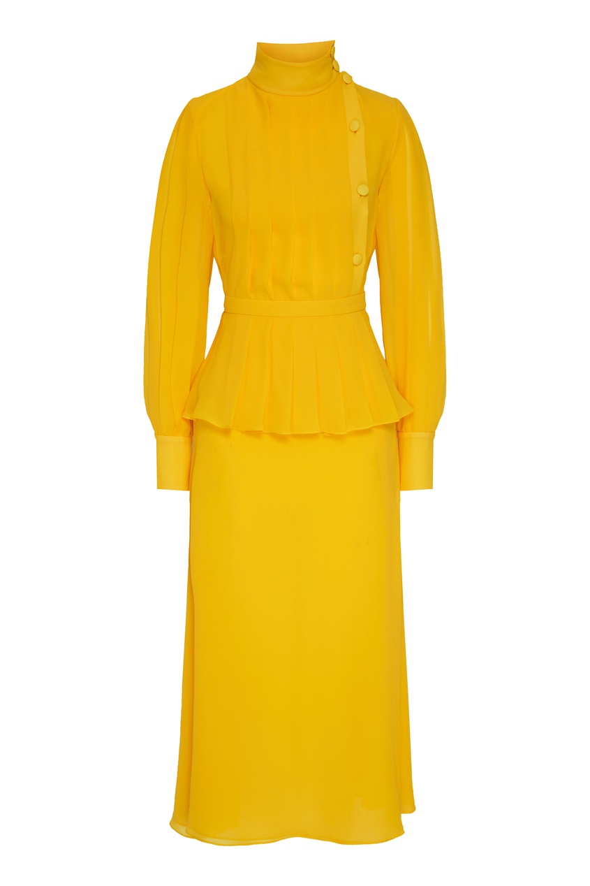 Желтое шелковое платье миди