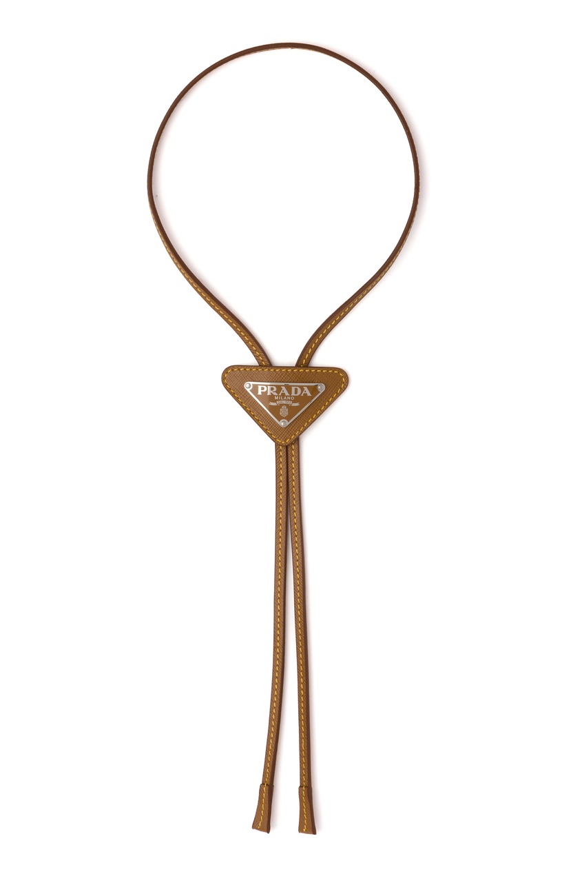 фото Бежевый кожаный галстук с логотипом prada