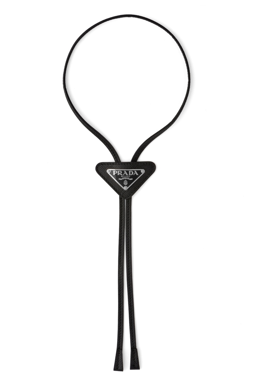 фото Черный кожаный галстук с логотипом prada