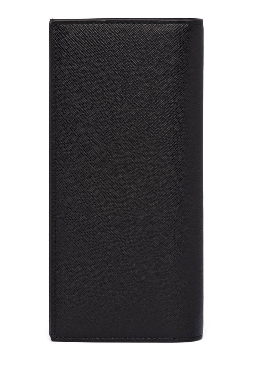 фото Черное кожаное портмоне с золотистым логотипом prada