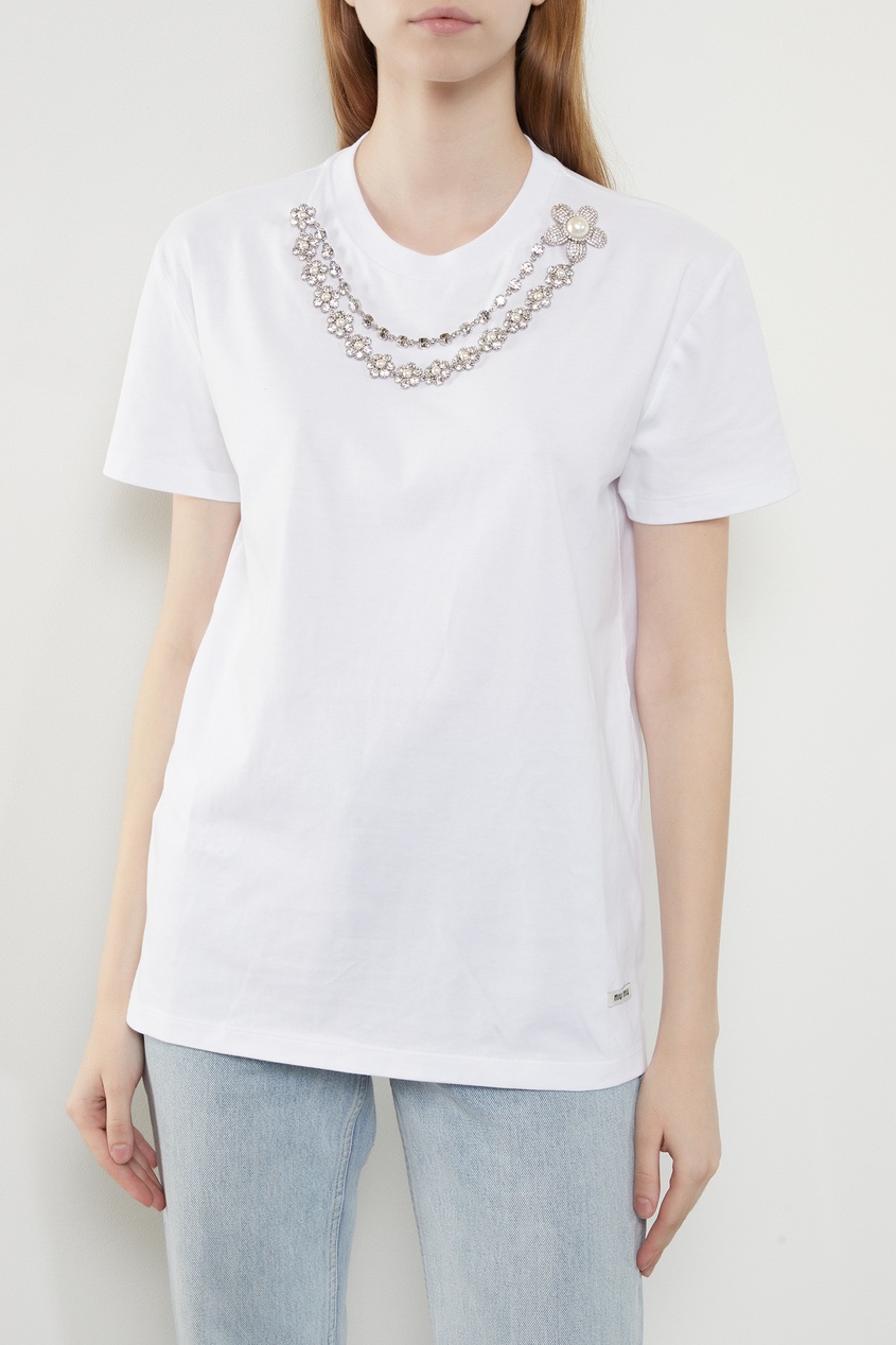 фото Белая футболка из хлопка с кристаллами miu miu