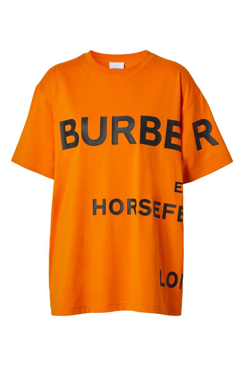 фото Оранжевая хлопковая футболка оверсайз с черными надписями burberry