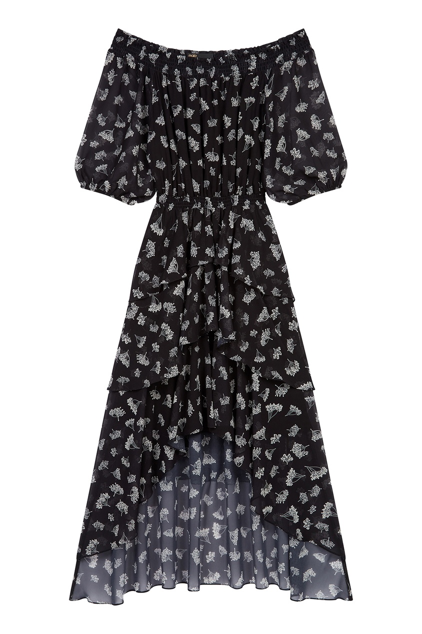 фото Черное асимметричное платье с растительным принтом maje