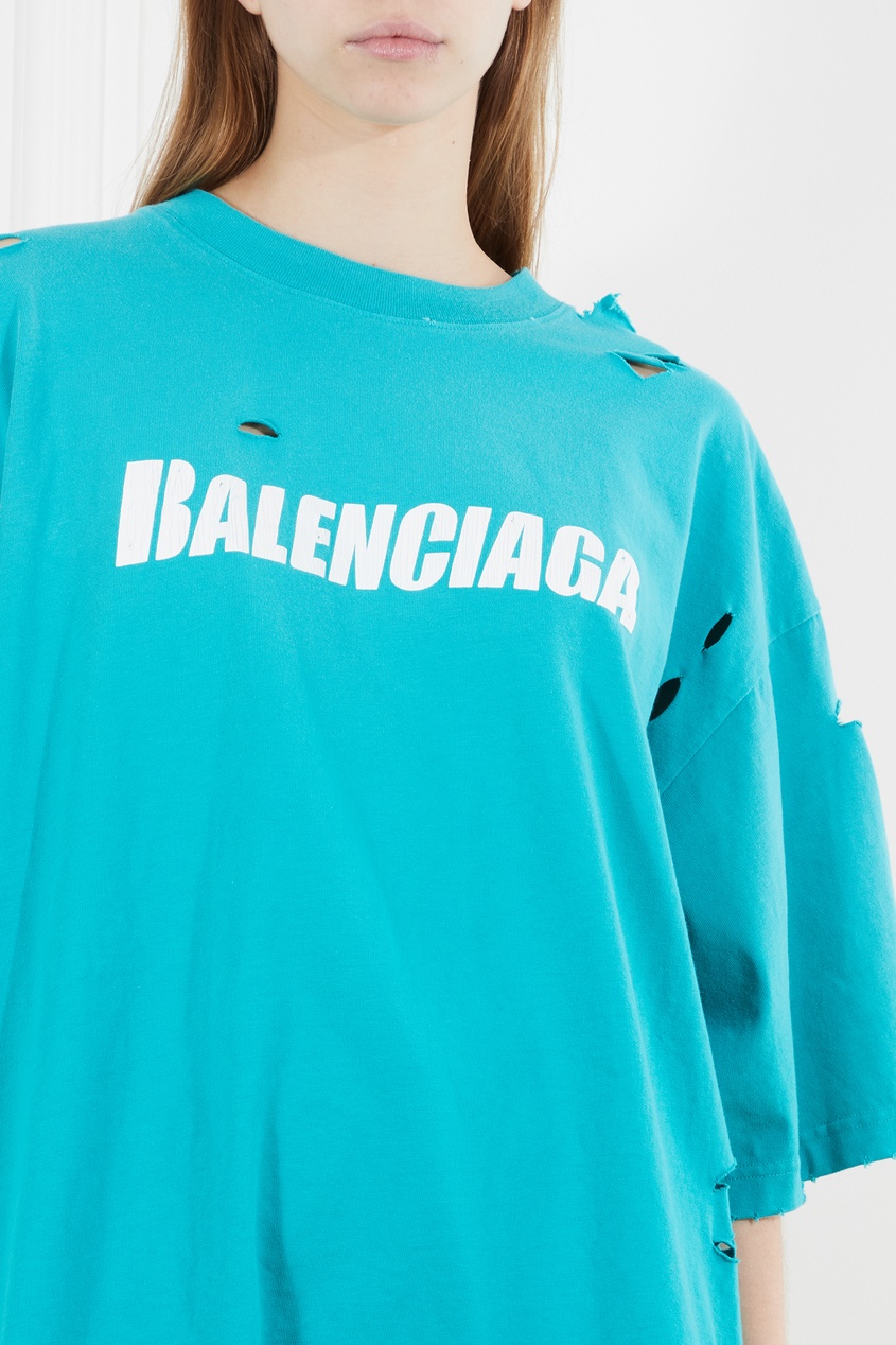 фото Голубая футболка с разрезами и логотипом balenciaga