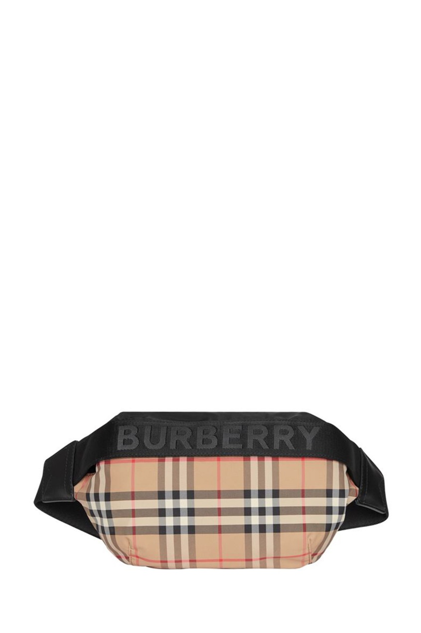 фото Средняя бежевая поясная сумка из ткани в клетку burberry