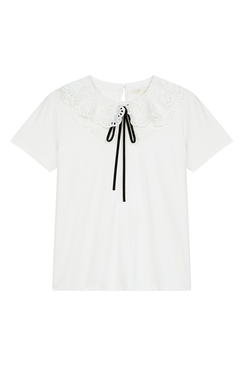 фото Белая футболка с гипюровым воротником maje