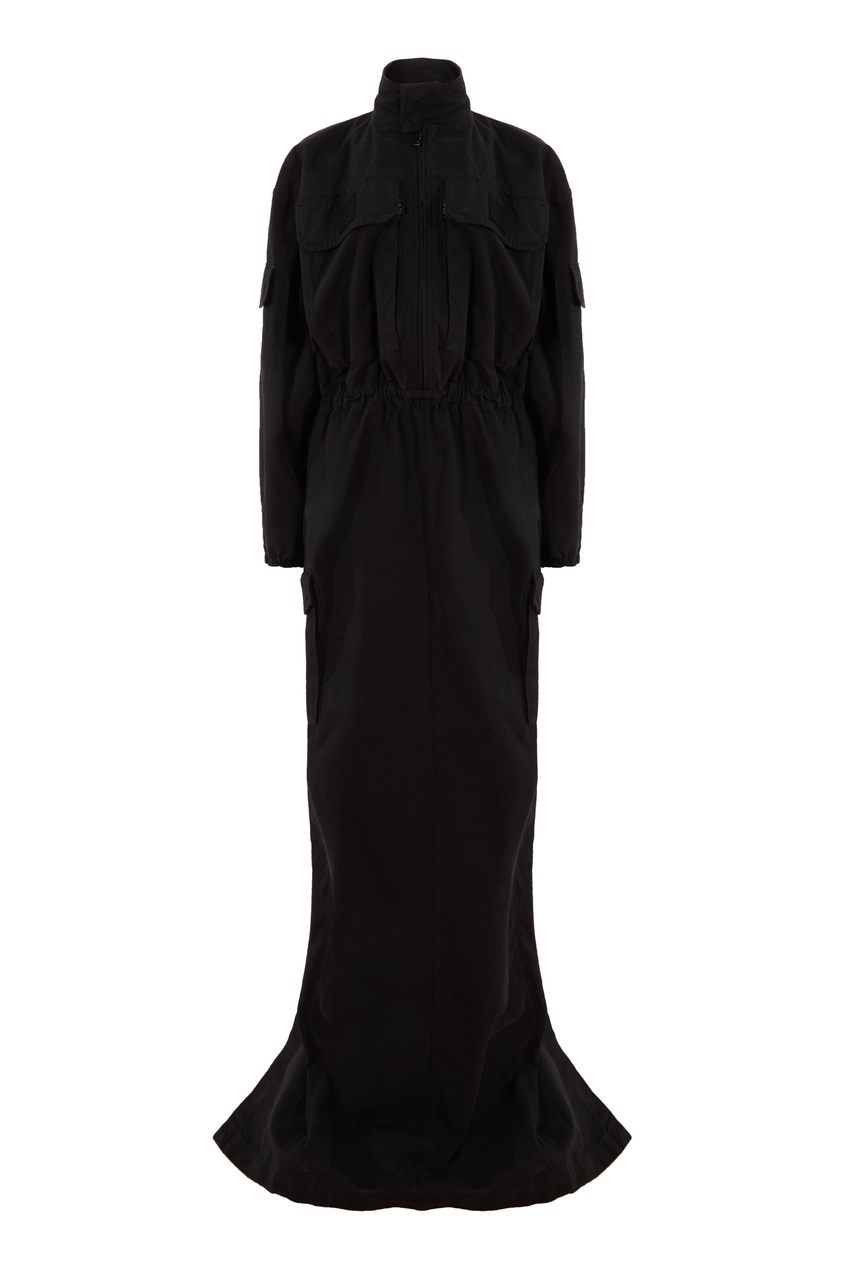 Черное объемное платье-макси