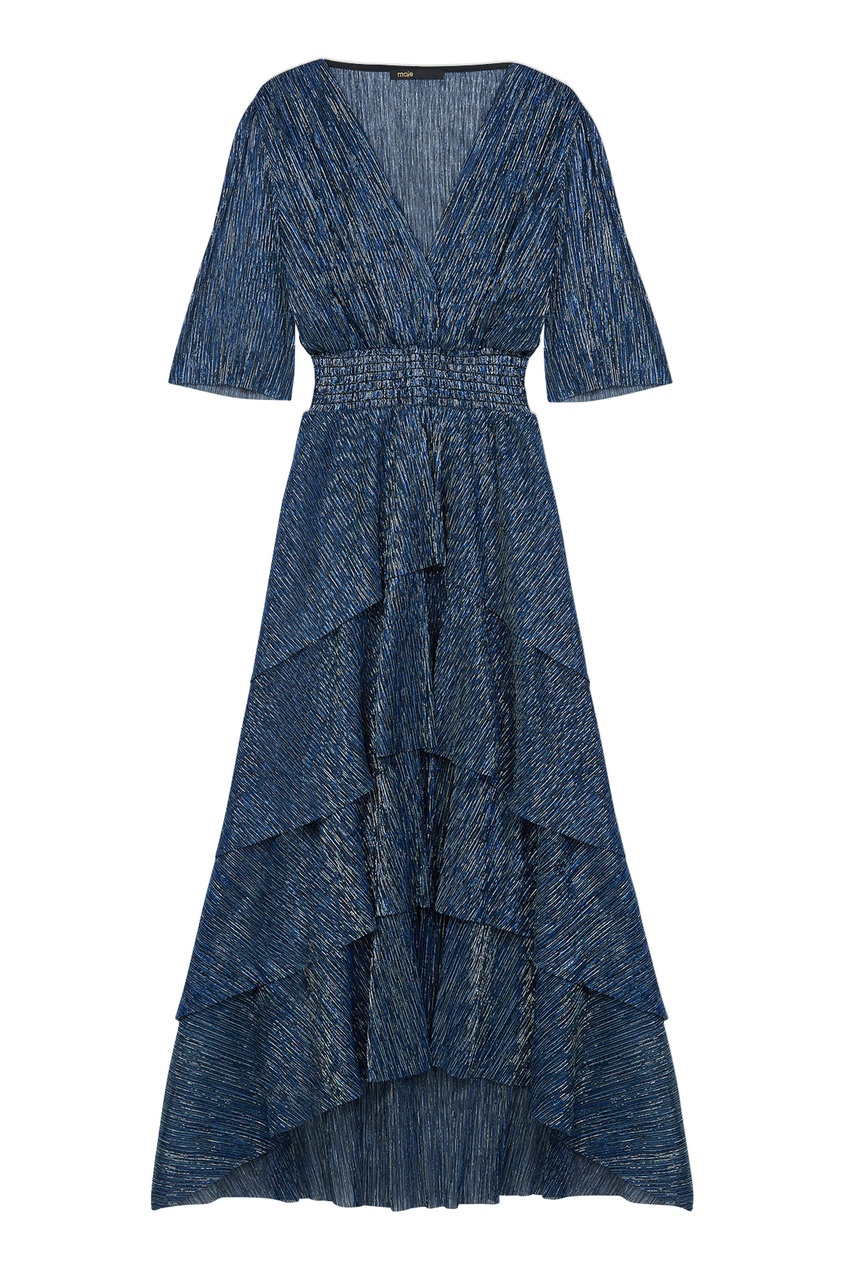 фото Синее платье с оборками и v-образным вырезом maje