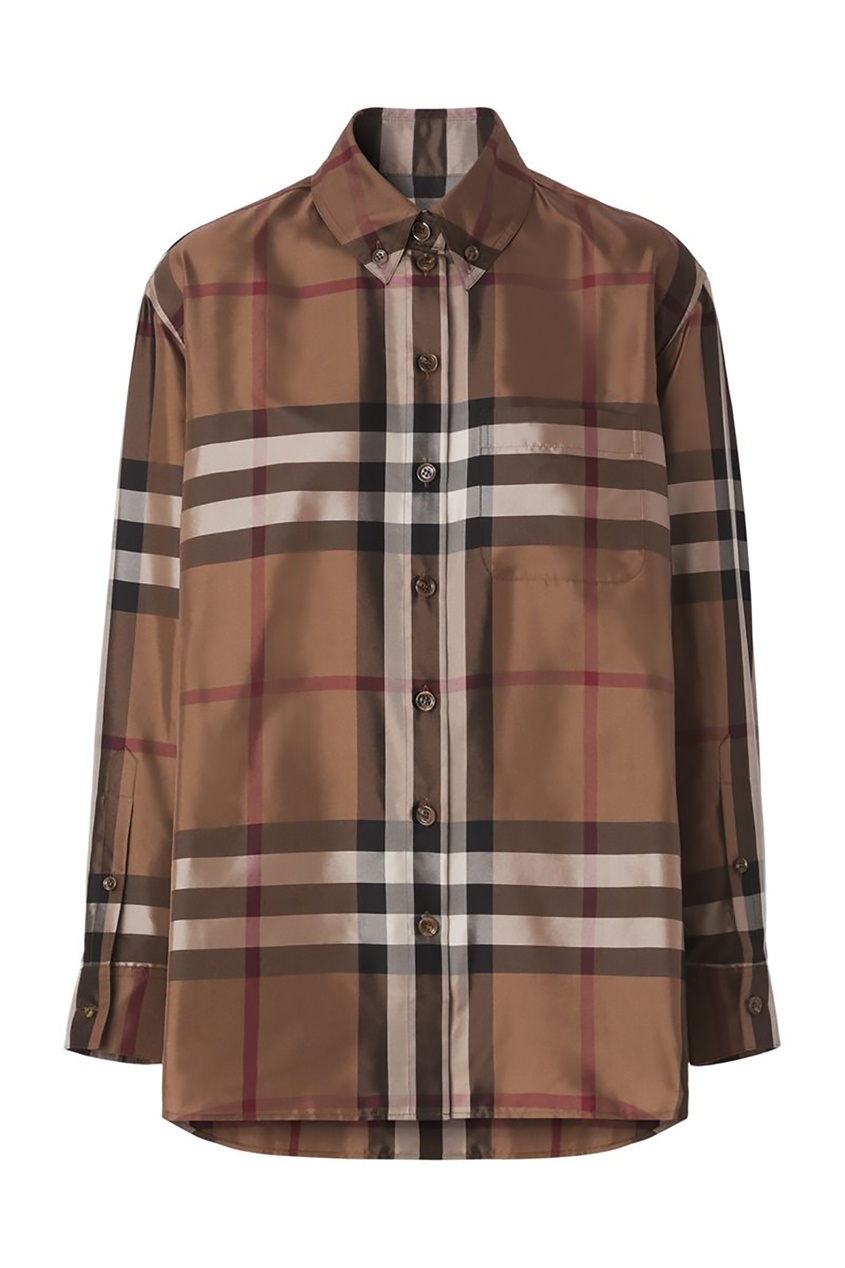 фото Шелковая клетчатая рубашка коричневого цвета burberry