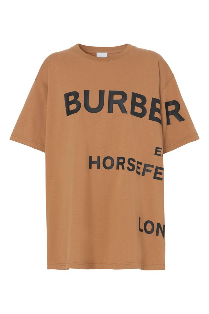 фото Коричневая футболка оверсайз с черным принтом horseferry burberry