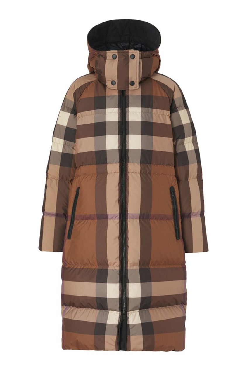 фото Коричневое клетчатое пальто-пуховик burberry