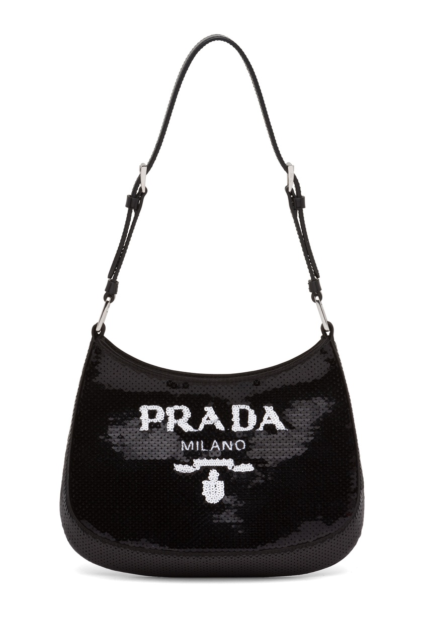 фото Черная сумка в пайетках с логотипом prada cleo
