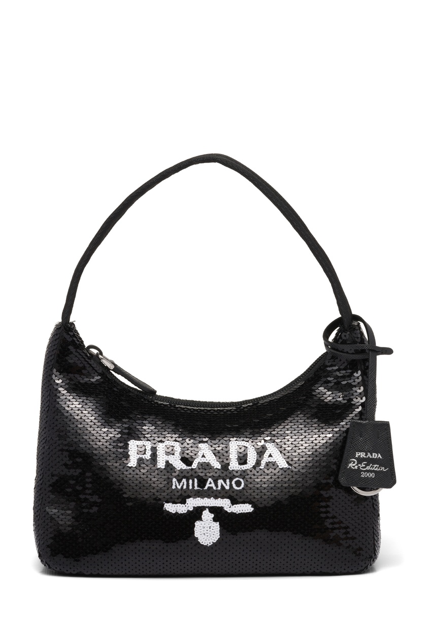 фото Черная сумка с пайетками и логотипом re-edition 2000 prada