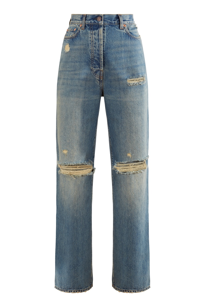 фото Светло-синие джинсы с декоративными разрезами gucci