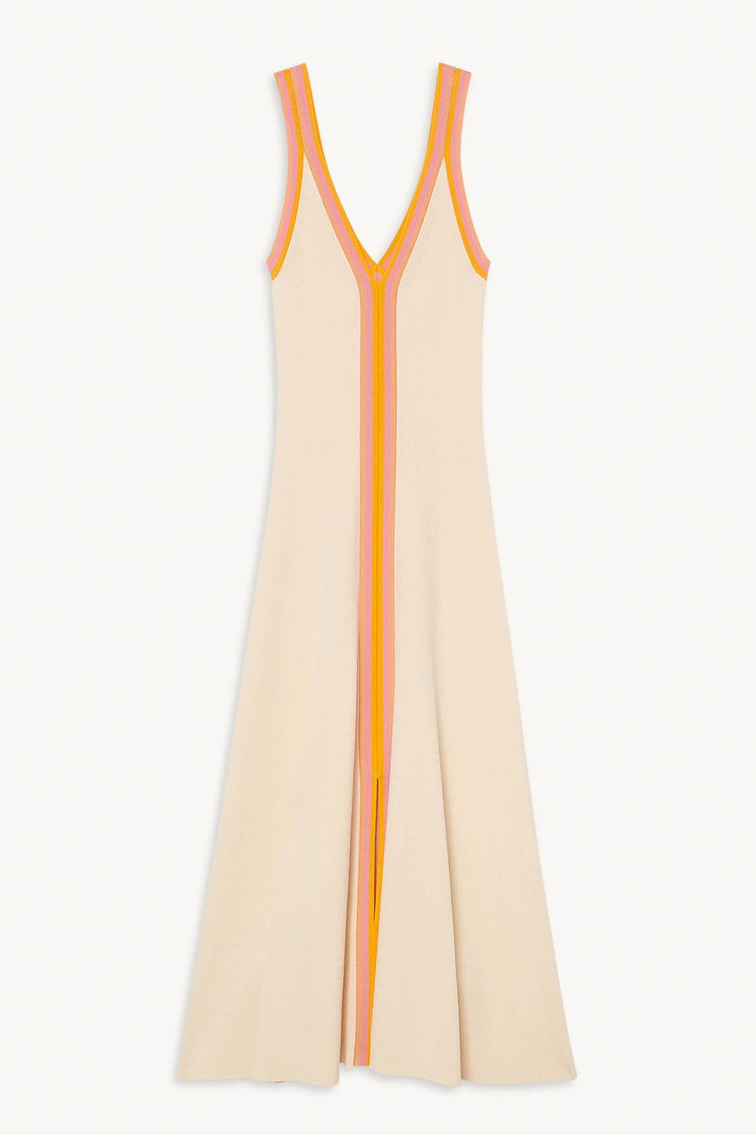 Платье цвета экрю с оранжевой отделкой