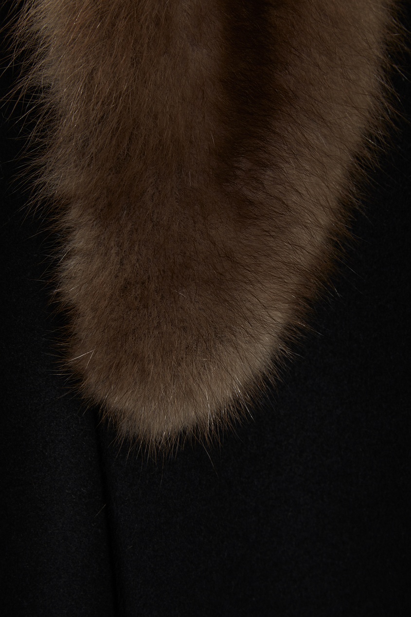 фото Черное кашемировое пальто-миди с мехом куницы dreamfur