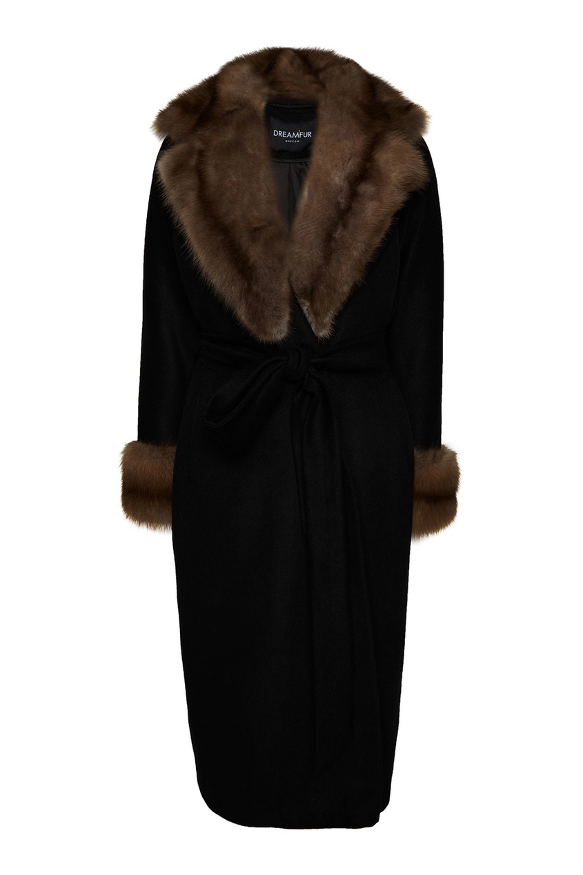 фото Черное кашемировое пальто-миди с мехом куницы dreamfur