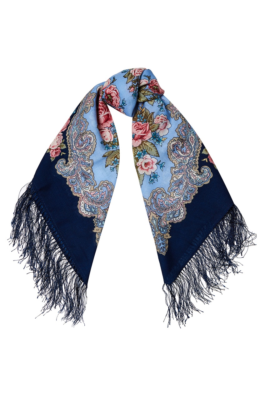 фото Синий платок с розами павловопосадская платочная мануфактура