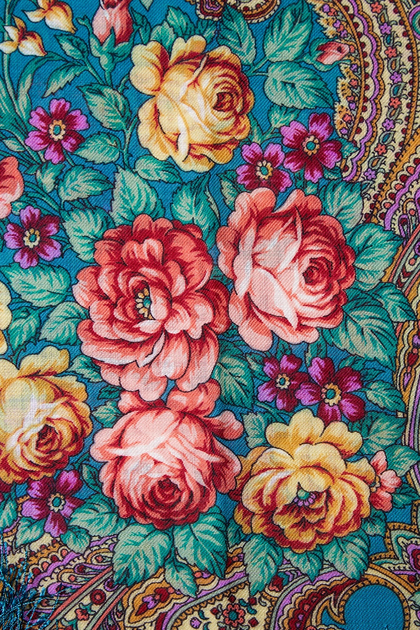фото Бирюзовый платок с розами и завитками павловопосадская платочная мануфактура