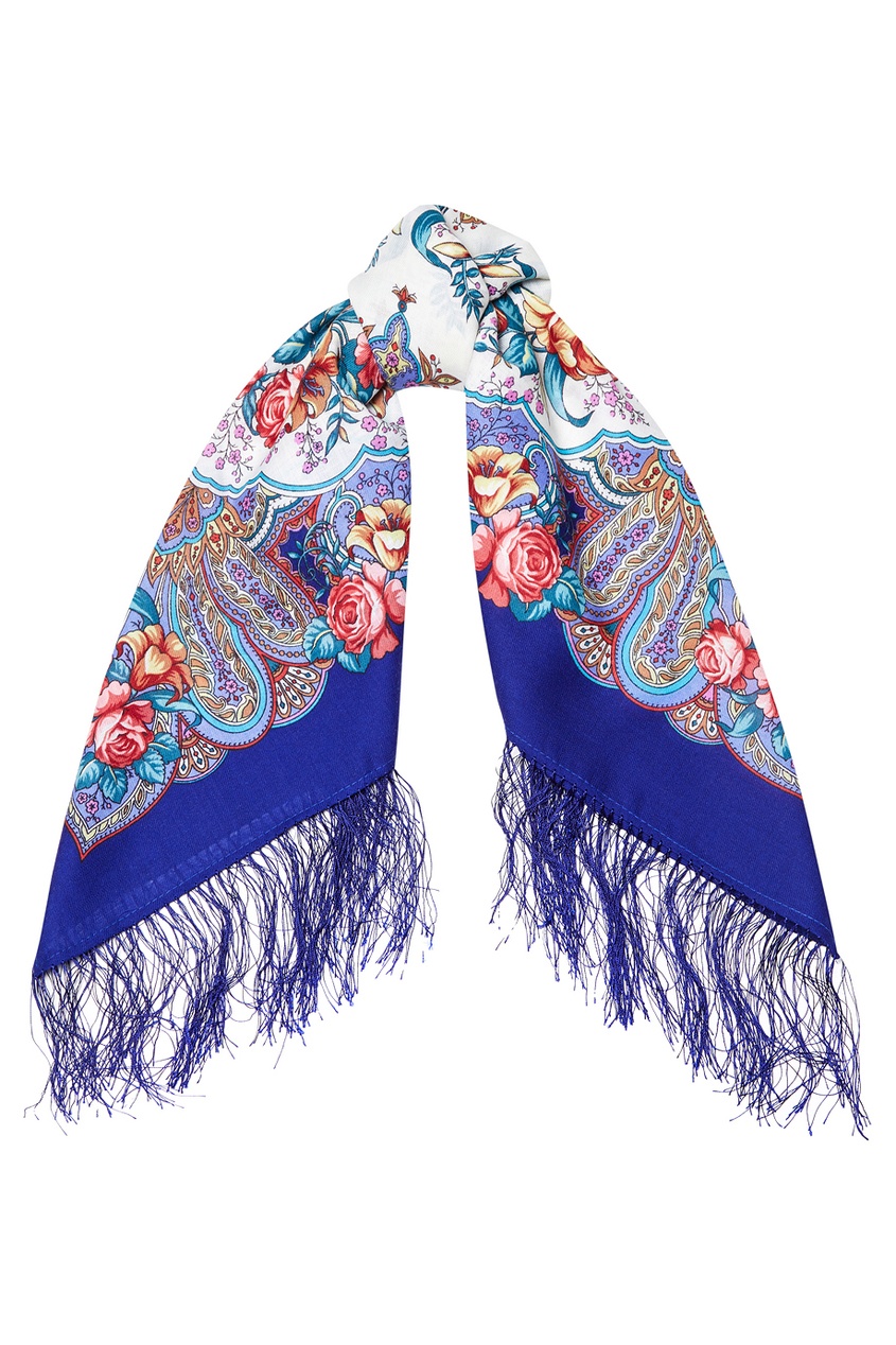фото Синий платок с розами и лилиями павловопосадская платочная мануфактура