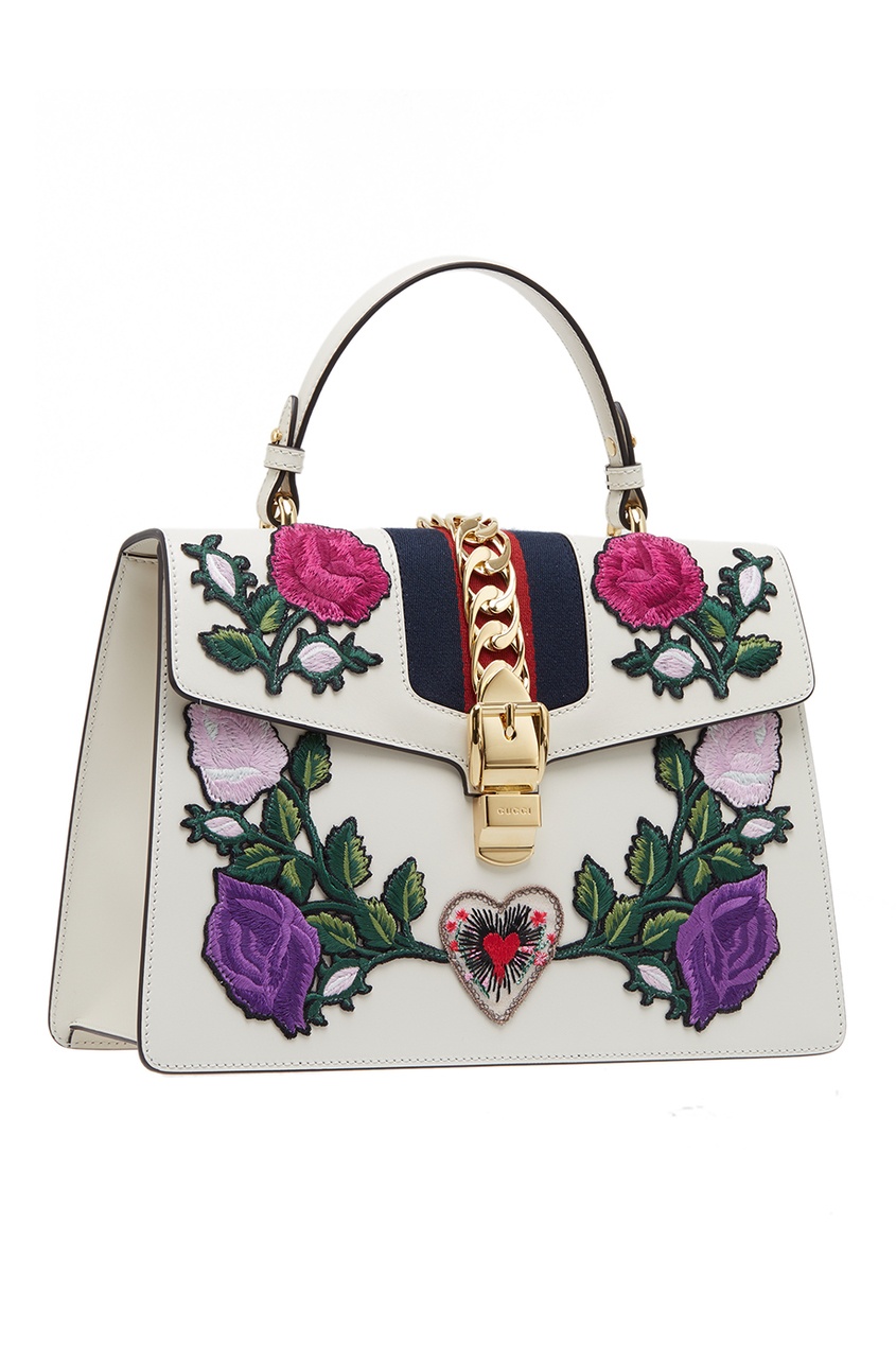 фото Кожаная сумка с цветами Sylvie Gucci