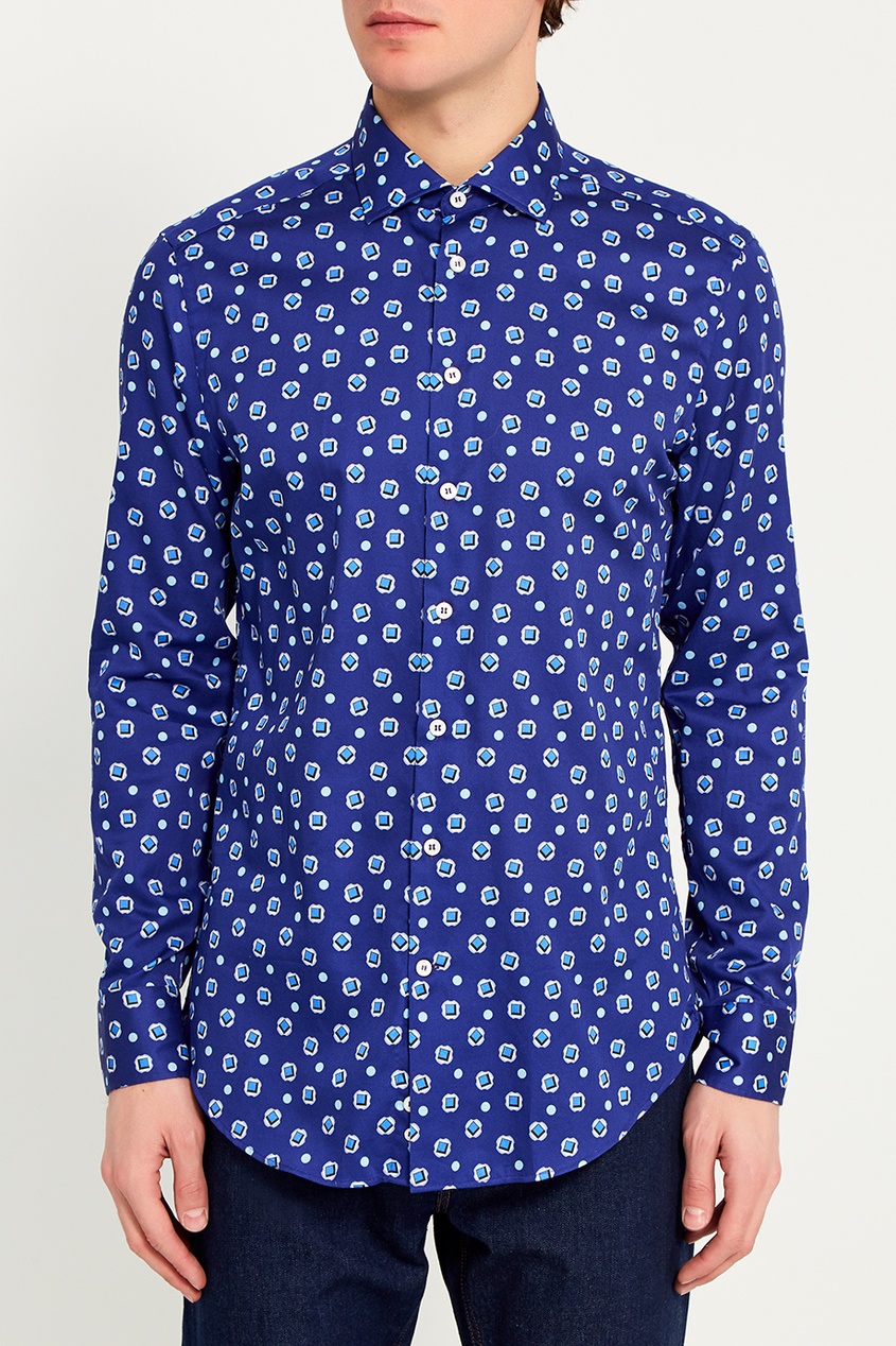Синяя хлопковая рубашка с принтом