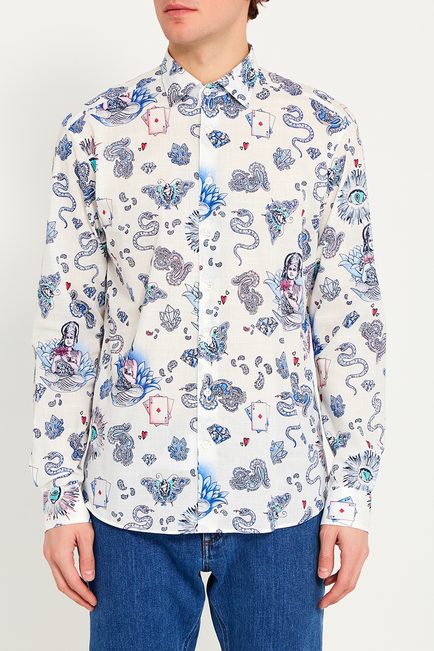 Белая рубашка с голубым принтом