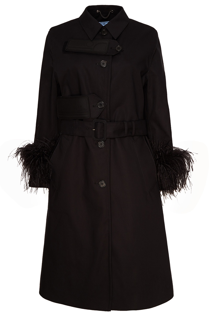 фото Черное пальто из хлопка с перьями prada