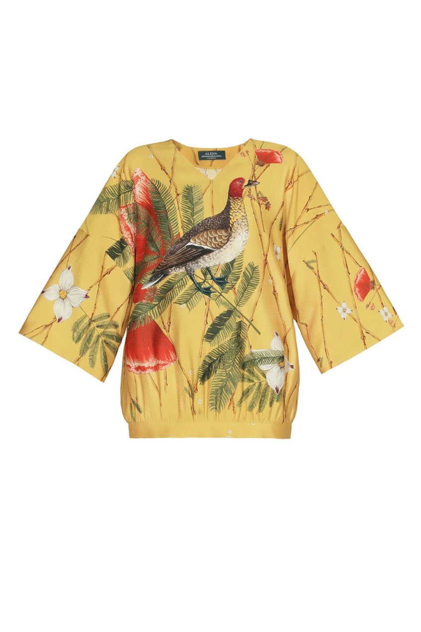 фото Желтая шелковая блузка с цветами и птицей alena akhmadullina