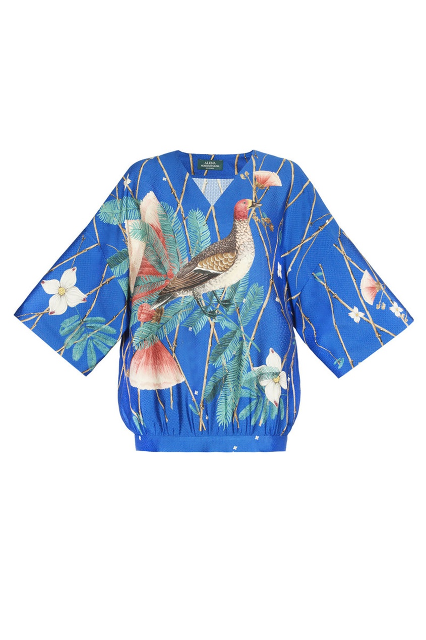 фото Синяя шелковая блузка с цветами и птицей alena akhmadullina