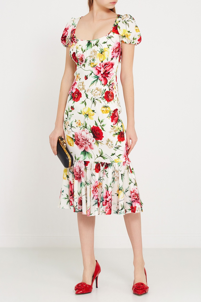 фото Платье-миди из шелка с цветами Dolce&gabbana