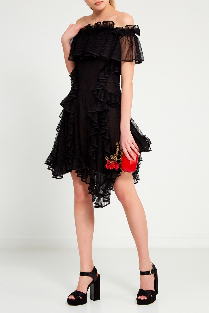 фото Черное шелковое платье с оборками alexander mcqueen