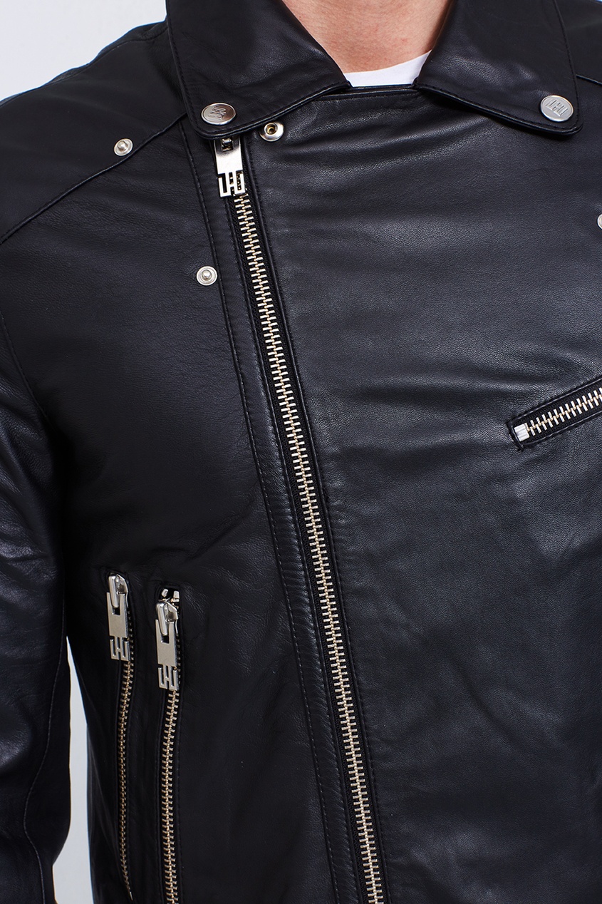 фото Черная кожаная куртка на молнии Les hommes urban