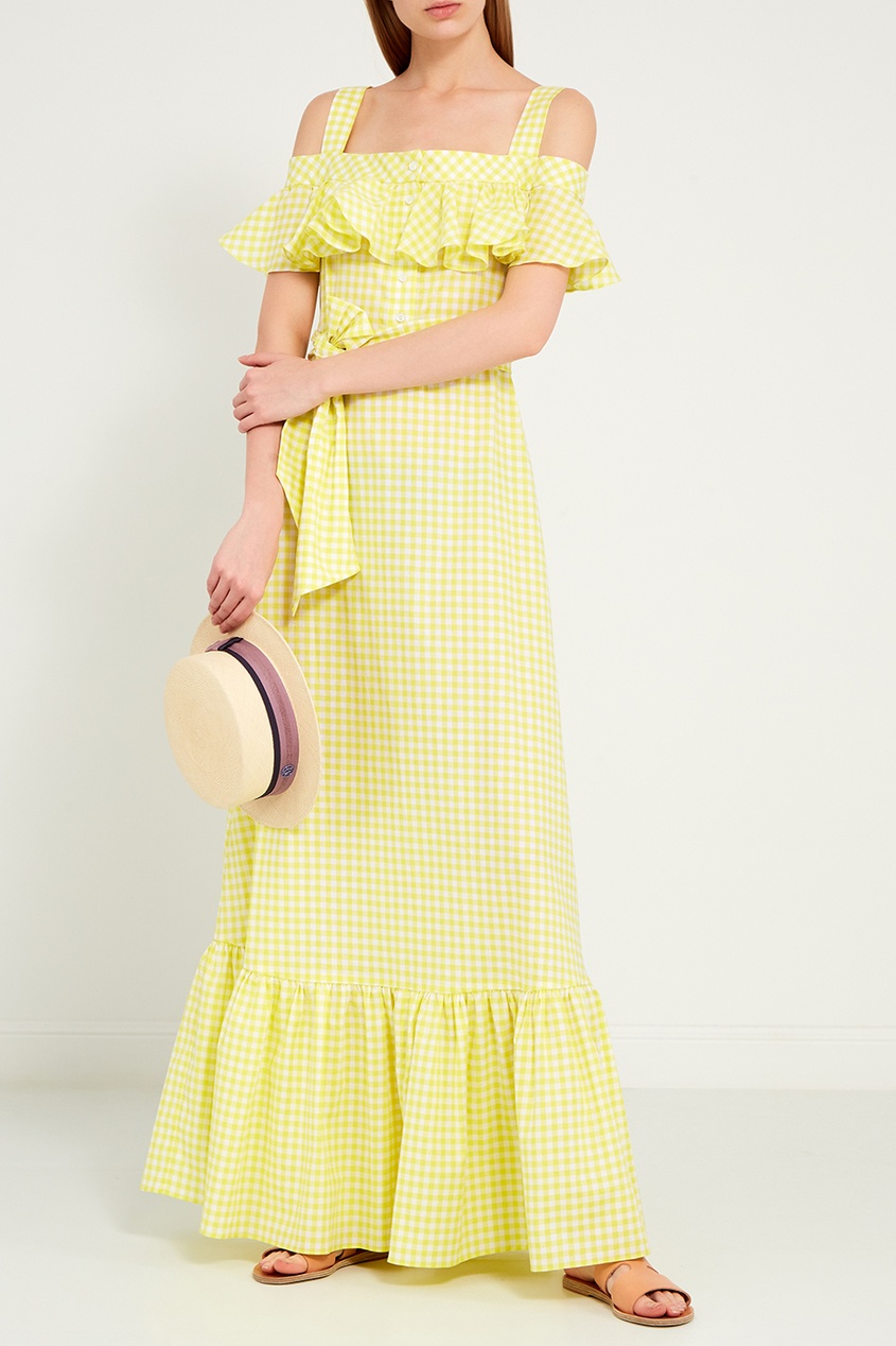 фото Желтое хлопковое платье с поясом ли-лу