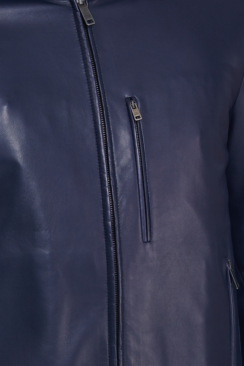 фото Синяя кожаная куртка с капюшоном prada