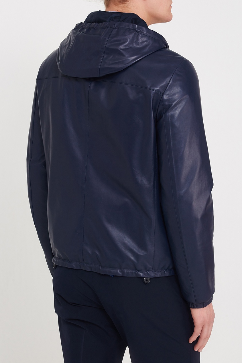 фото Синяя кожаная куртка с капюшоном prada