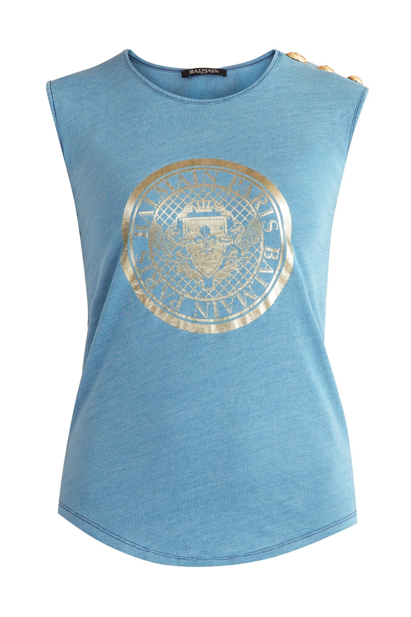 фото Синяя хлопковая футболка с логотипом balmain