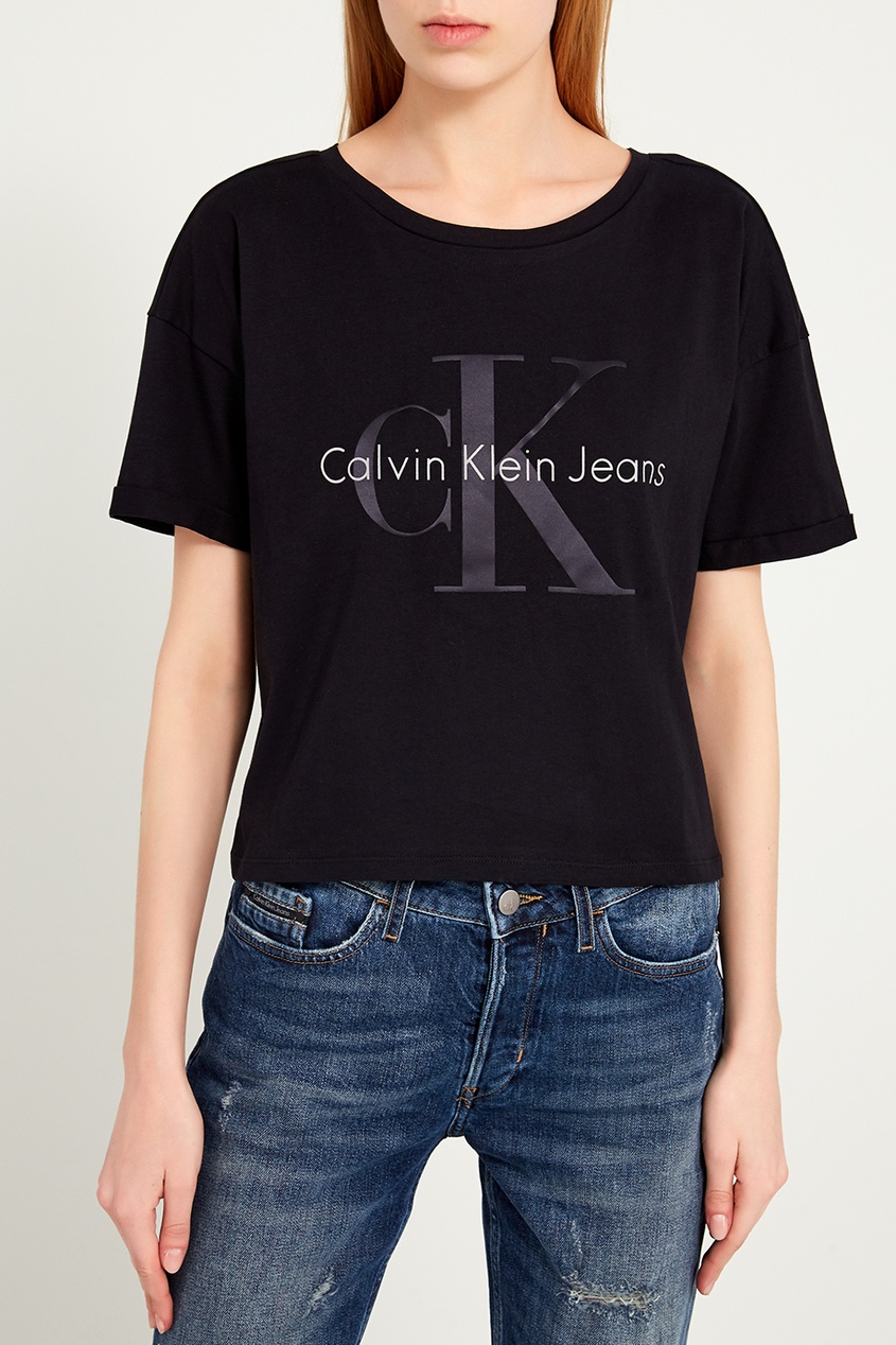 фото Черная хлопковая футболка с логотипом calvin klein