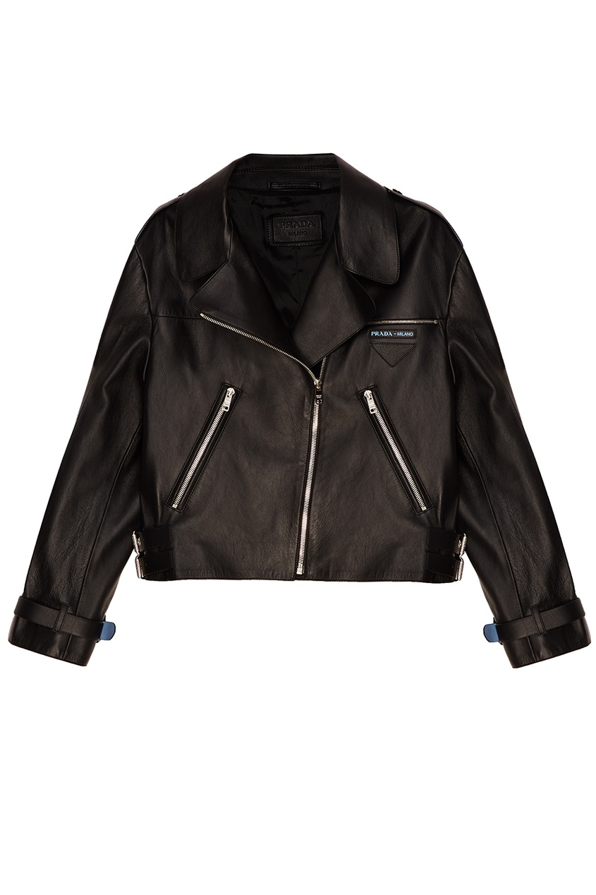 фото Черная кожаная куртка с логотипом prada