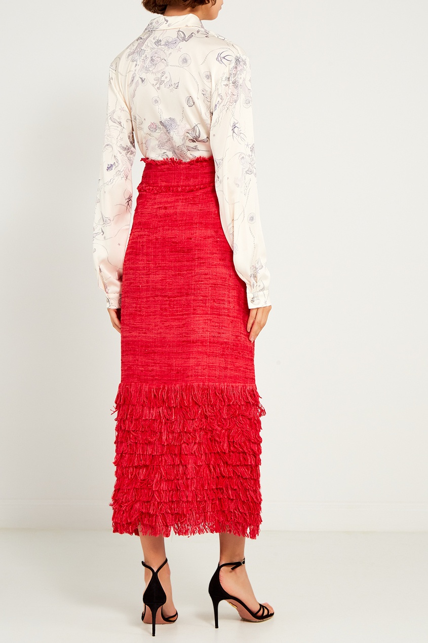 фото Красная шелковая юбка с бахромой laroom