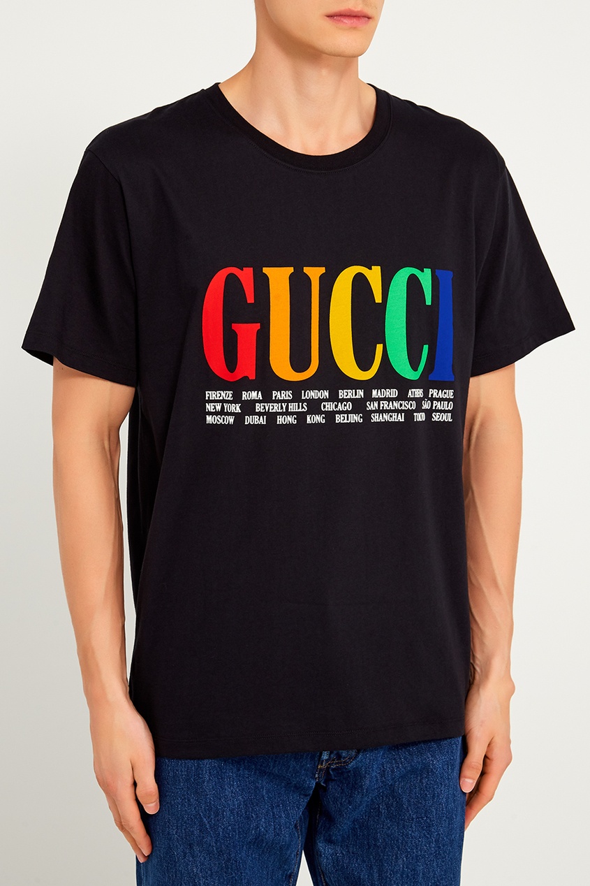 фото Черная футболка с цветным логотипом Gucci man